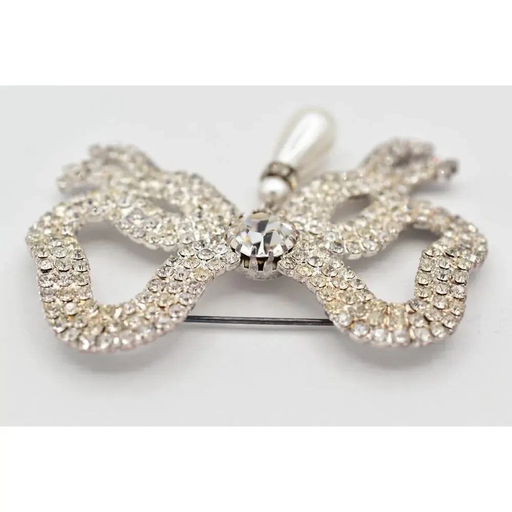 Vintage Crystal Bow Pin Brooch Pearl Dangle Prong Rhinestone Silver 1960s BinBI